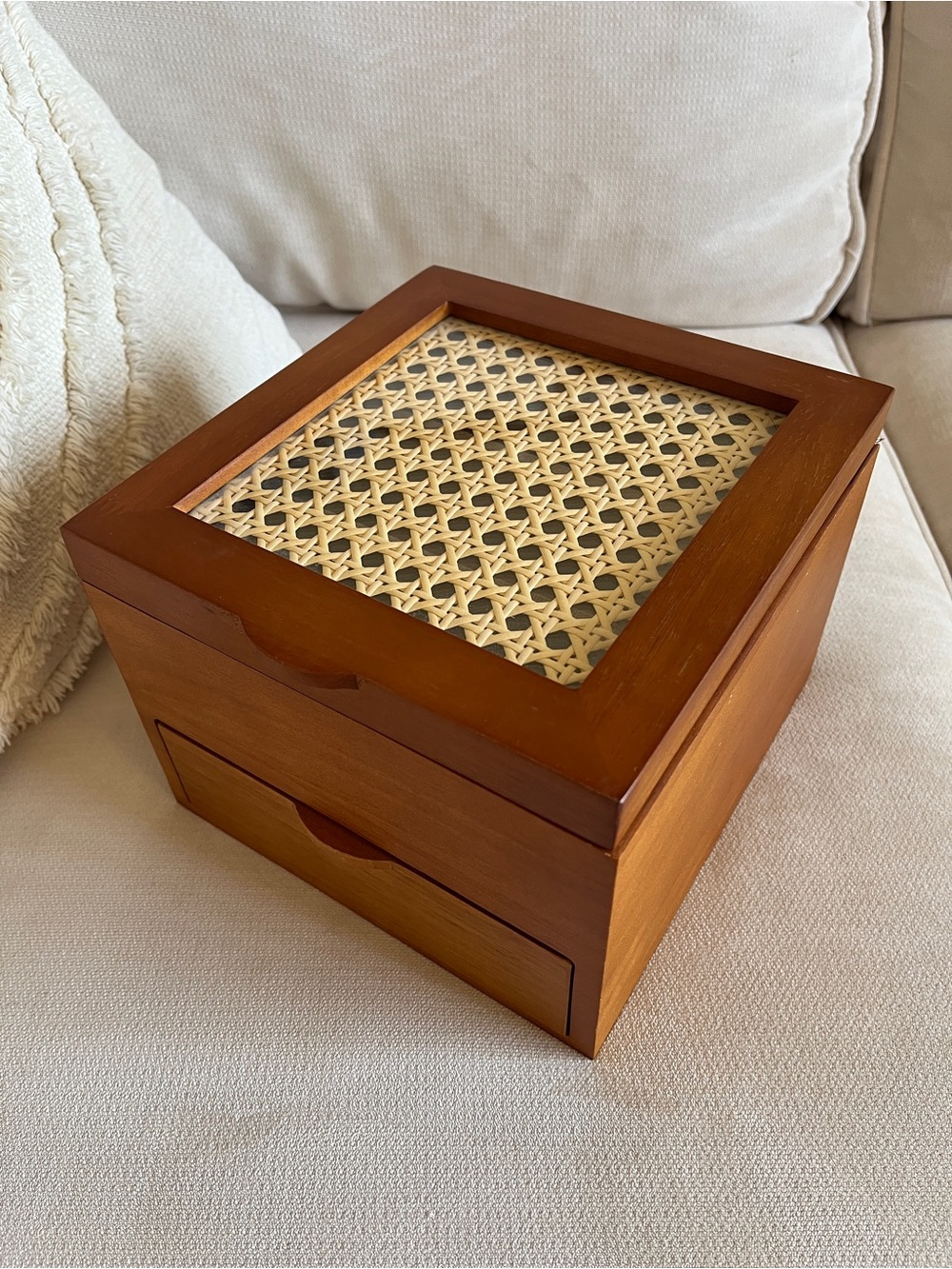 Artisan Wooden Jewelry Box with Woven Cane Top - Brown & Natural